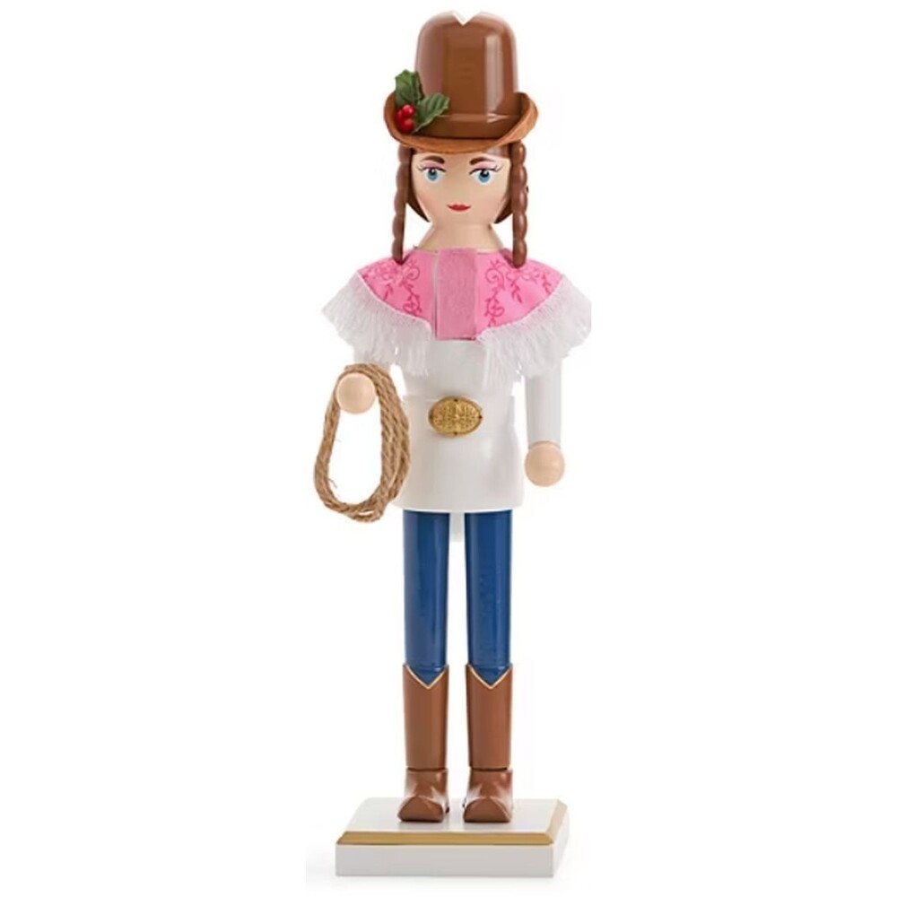 Wooden Christmas Nutcracker, 14", WHITE COWGIRL WITH LASSO ROPE 179, NP